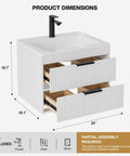 No Fuss 24 Inch Wall Mount Bathroom Vanity With Durable Resin Sink And Deep Twin Drawers, Smooth White MDF Floating Cabinet.