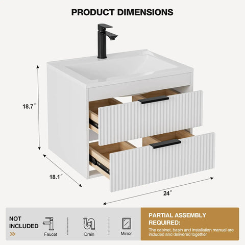 No Fuss 24 Inch Wall Mount Bathroom Vanity With Durable Resin Sink And Deep Twin Drawers, Smooth White MDF Floating Cabinet.