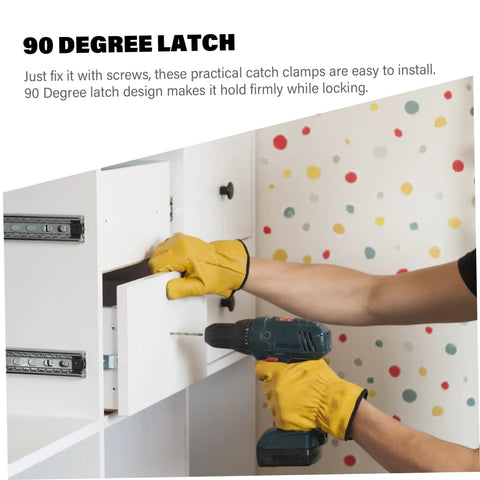 Person installing 90 Degree Stainless Steel Spring Loaded Latch Set Four Pack Toggle Clamp on cabinet with drill