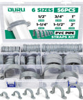 56 Piece PVC Pipe Strap Kit With Six Sizes Two Hole Plastic Pipe Clamps in storage box