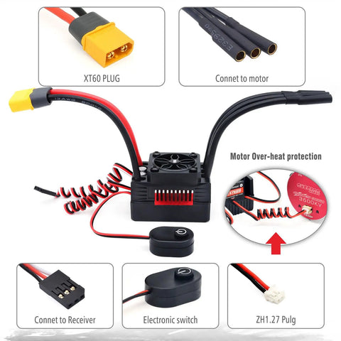 Waterproof 90A RC Brushless ESC With Male Plug For 1/10 Scale RC Car, features components and connectors in close-up view