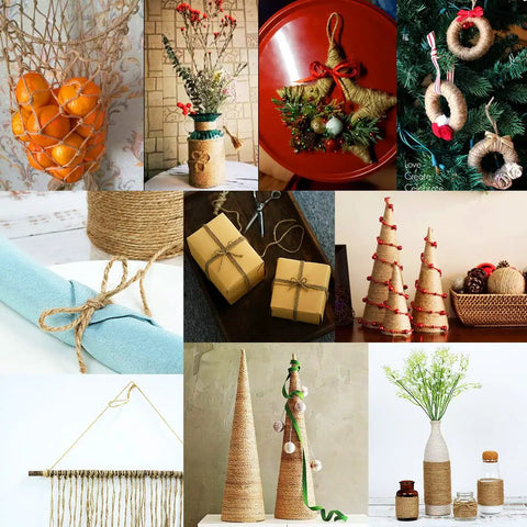 Collage of DIY crafts using 2 Pack 2mm Natural Jute Twine String 1600 Feet Total for crafting, wrapping, decor; cones, gifts, vases.