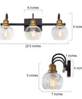Dope Three Light Vanity Fixture For Bathroom With Oil Rubbed Bronze Finish, Antique Gold Sockets, Clear Glass Globe Shades, 22.5 Inch Long