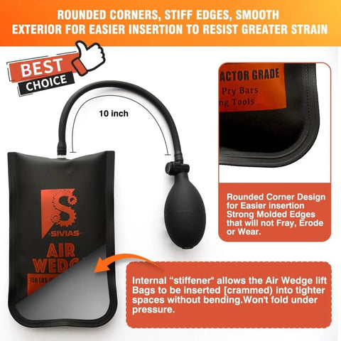 Heavy Duty Air Wedge Shim Kit With Three Sizes, Inflatable Air Bag Wedge with 10 inch hose for vehicle lifting.