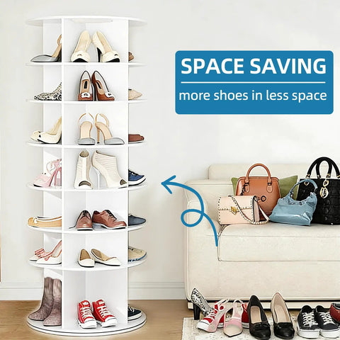360 Degree Rotatable White Corner Shoe Rack And Bookshelf, 7 Tier Dope Space Saver Shoe Tower in living room setting.