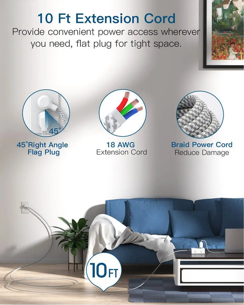 Living room setup with 10 Ft Heavy Duty Braided Extension Cord With Surge Protector Power Strip, 8 Outlets And 4 USB Ports shown.
