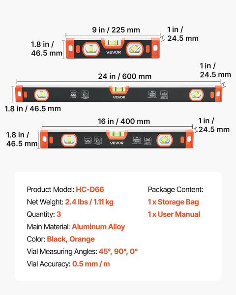 Top Shelf 3 Piece Magnetic Torpedo Level Kit, 9 16 24 Inch Aluminum Spirit Levels, Rock Solid Magnets, V Groove Base,Easy Hang Loop For Tradesmen And Weekend Warriors