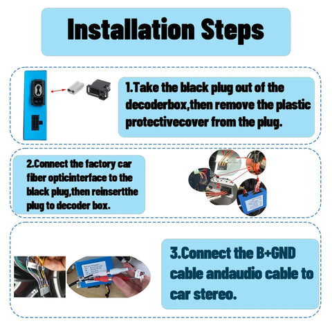 Lexxson optic fiber decoder installation steps diagram showing blue box, connectors, and wiring to car stereo (front view).