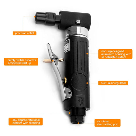 Badass Compact Air Die Grinder With Right Angle 20000 RPM Pneumatic Drive showing precision collet and safety switch.