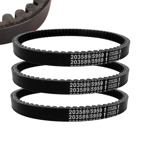 Three 30 Series Go Kart Drive Belts Replaces 5959 and 203589 displayed for Torque Converter Kits, durable rubber for 5-7 HP engines.