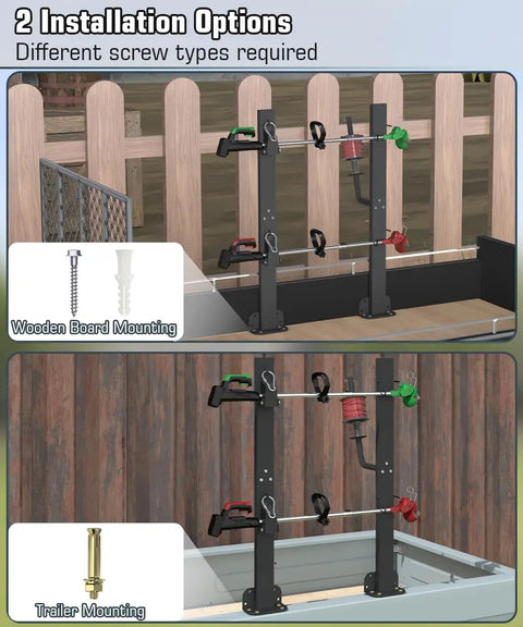 Two Place Weed Eater Rack For Open Trailer With Lockable Hasp Mount On Landscape Trailer Enclosed Trimmer Rack Carrier With Built In Line Holder shown with installation options