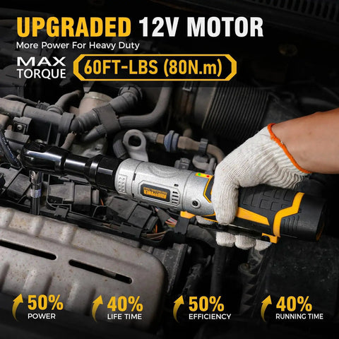 3/8 Inch Cordless Ratchet Wrench Set with 60 Ft Lbs Torque 12V Power used on car engine, showing efficiency and durability.