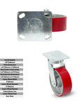 Six Inch Kingpinless Polyurethane Swivel Caster With Reinforced Steel Core 1500 Pound Heavy Duty Rating showing red wheel and silver mounting plate.