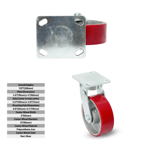 Six Inch Kingpinless Polyurethane Swivel Caster With Reinforced Steel Core 1500 Pound Heavy Duty Rating showing red wheel and silver mounting plate.