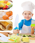Front view of TAORISH 4-piece kids kitchen knife set with plastic blades and colorful handles, held by a child chef.
