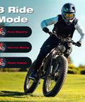Cyclist on powerful dual motor 4000W fat tire electric bike with 52V 25Ah battery, off-road, showcasing ride modes.