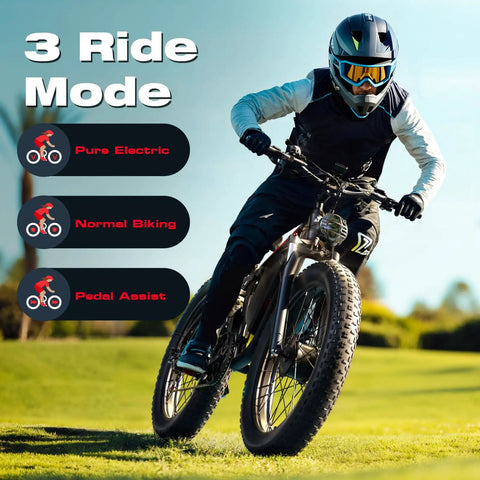 Cyclist on powerful dual motor 4000W fat tire electric bike with 52V 25Ah battery, off-road, showcasing ride modes.