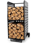 Beefy Heavy Duty 800 Pound Firewood Rack Cart with Wheels loaded with firewood, ideal for all-weather indoor and outdoor storage.