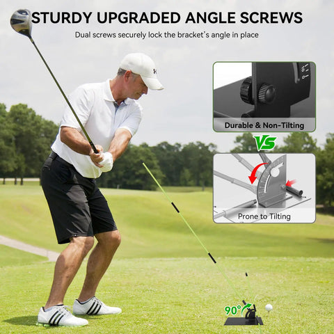 Golfer using Adjustable Golf Alignment Stick Holder With 48 Inch Collapsible Alignment Sticks for swing training and alignment on course.