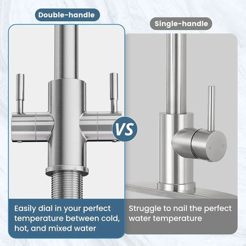 Comparison of double-handle and single-handle design of Hurran Kitchen Sink Faucet with Pull Down Sprayer in brushed nickel.