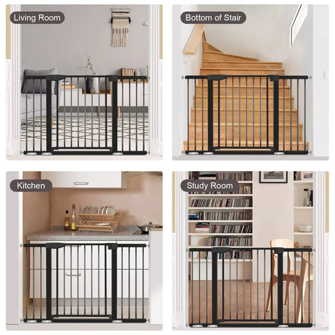 Extra Wide Baby Gate With Door For Stairs And Doorways, Pressure Mounted, Walk Through Swing Door shown in various home settings