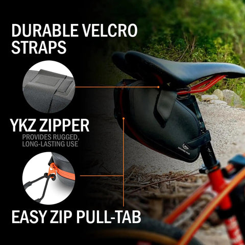 Close-up of a black waterproof bike seat bag with TPU welded triangle frame and YKK zipper on bike, "Waterproof Bike Seat Bag With TPU Welded Triangle Frame And YKK Zipper Keeps Snacks Phone Tools And Essentials Dry On The Go While You Ride Across Rain Or Shine."