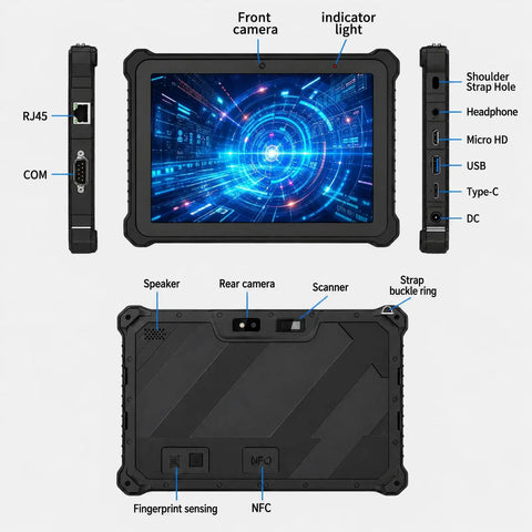 Kickass Rugged Windows 11 Pro Tablet With 10 Inch Sunlight Display And Quick N100 Chip Packed With 8 GB Ram, rear view showing ports.