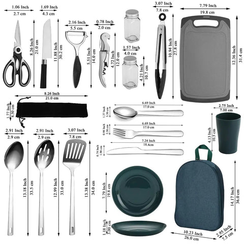 All In One Camping Kitchen Set With Stainless Steel Tongs Slotted Spatulas Spoons Chef Knife Kitchen Shears Bottle Opener Peeler And Spice Bottles Plus A Chopping Board And Four Plastic Plates For Outdoor Cooking On The Go Picnics And BBQ, with utensils and plates displayed on a flat surface.