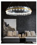 Nordic LED Round Frosted/Engraved Modern Pendant Light Remote Control Dimming for Living Room Bedroom Restaurant (D60 cm) hanging above a sofa.