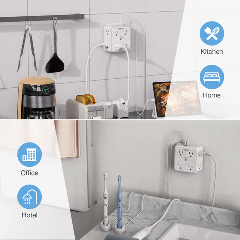 Heavy Duty 8 Outlet Surge Protector Power Strip With Hella Reliable Build And Fast Charge Usb C Expands Single Wall Outlet Into Eleven Charging Stations in kitchen and bathroom.