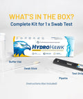 No Sweat Legionella Water Outlet Swab Test Kit With Sterile Swab And Buffer Vial For Quick Sink And Shower Safety Tests contents including buffer vial, swab stick, pipette, and test strip.