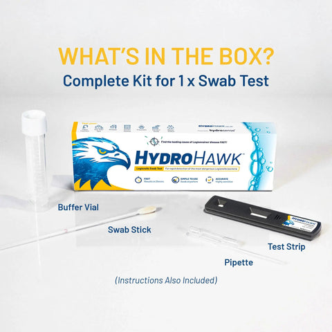 No Sweat Legionella Water Outlet Swab Test Kit With Sterile Swab And Buffer Vial For Quick Sink And Shower Safety Tests contents including buffer vial, swab stick, pipette, and test strip.