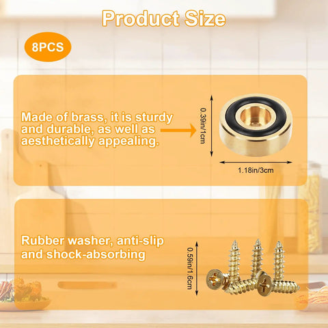 8 Piece Brass Cutting Board Feet Non Slip With Silicone Pads And Screws Kit 1.18 X 0.39 Inch Legs Product Size Diagram