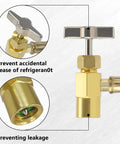 Close-up of R134A Refrigerant Charge Hose Kit With Gauge For Car AC, brass valve and quick coupler details preventing leakage