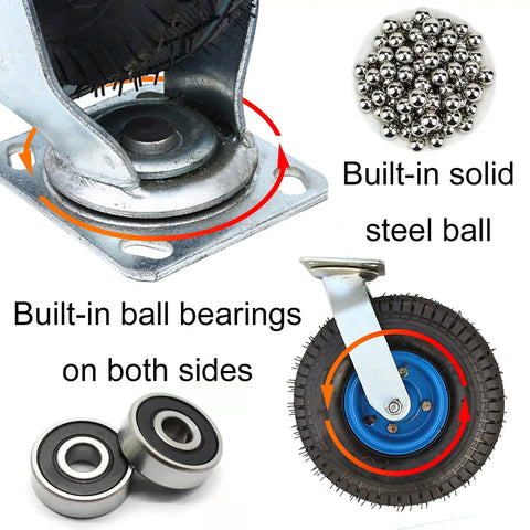 Smooth Rollin Industrial Pneumatic Caster Wheels With Locking Swivel Brakes And High Elastic Rubber Tires Built Tough For Heavy Duty Hand Trucks And Shop Gear 2 Pack showing steel bearings and rubber tire details.