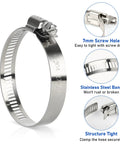 Close-up of Stainless Steel Hose Clamps Set For 1/4 Inch To 10 Inch Hoses, featuring worm gear, heavy-duty band, and screw details.