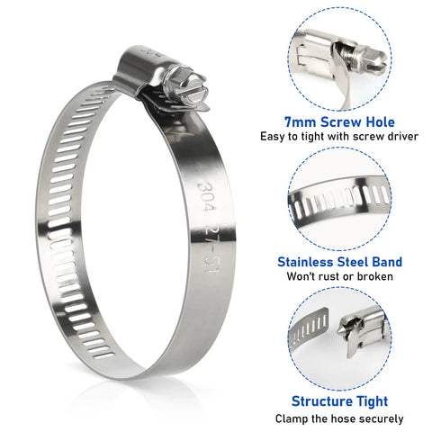 Close-up of Stainless Steel Hose Clamps Set For 1/4 Inch To 10 Inch Hoses, featuring worm gear, heavy-duty band, and screw details.