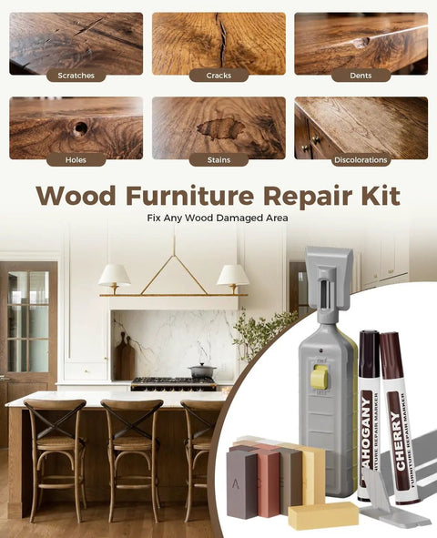 No Sweat Touch Up Kit For Scratches Cracks Dents Stains On Laminate Vinyl Hardwood Floors Or Wooden Furniture includes wax blocks and markers.