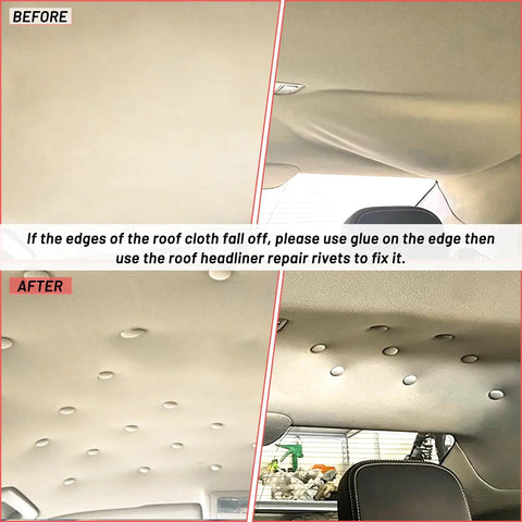 Before and after using 65 Set Car Roof Headliner Repair Kit With 262 Pcs Auto Roof Snap Rivets Retainer For Interior Ceiling Cloth Fixing