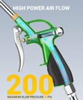 Long Reach Extendable 19 To 28 Inch Air Nozzle Blow Gun With High Pressure Output Rubber Grip Handle Quick Plug visible at 200 PSI