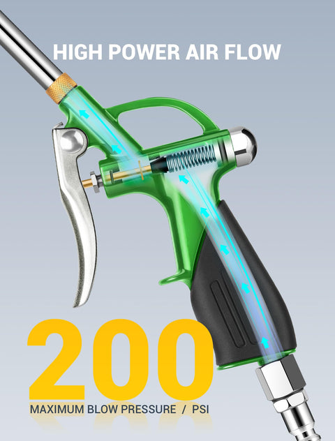 Long Reach Extendable 19 To 28 Inch Air Nozzle Blow Gun With High Pressure Output Rubber Grip Handle Quick Plug visible at 200 PSI