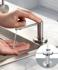 Brushed Nickel Soap Dispenser For Kitchen Sink With Built In 17 Ounce Bottle, showing stainless steel pump in use
