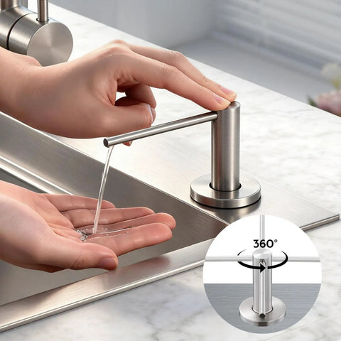 Brushed Nickel Soap Dispenser For Kitchen Sink With Built In 17 Ounce Bottle, showing stainless steel pump in use