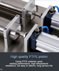 Heavy Duty Stainless Steel Liquid Filler Double Head Pneumatic Bottle Machine With Foot Pedal showing high quality PTFE pistons.