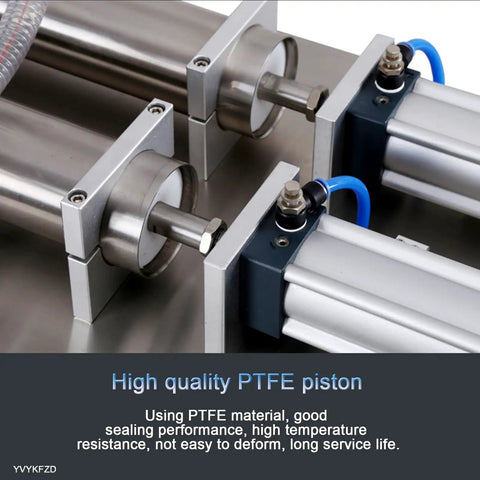 Heavy Duty Stainless Steel Liquid Filler Double Head Pneumatic Bottle Machine With Foot Pedal showing high quality PTFE pistons.