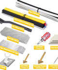 Pro Grade 150W Plastic Welder Kit With 3 Speed Temperature Control, Rapid Heat, Includes 70 Welding Rods, 3 Tips, Portable Car Bumper And Kayak Repair Set, Yellow, showing welding rods, brush, screwdriver, mesh, foil tape, sandpapers, stand, tips.