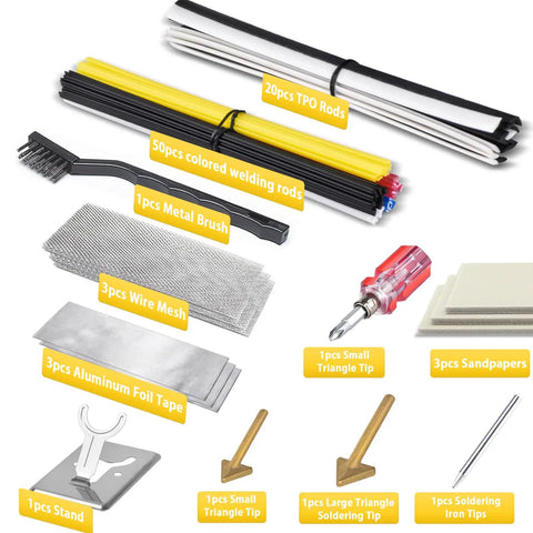 Pro Grade 150W Plastic Welder Kit With 3 Speed Temperature Control, Rapid Heat, Includes 70 Welding Rods, 3 Tips, Portable Car Bumper And Kayak Repair Set, Yellow, showing welding rods, brush, screwdriver, mesh, foil tape, sandpapers, stand, tips.