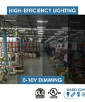 CondorX Premium 2Ft LED High Bay Light in use at a warehouse, showcasing 0-10V dimming and high-efficiency lighting features.