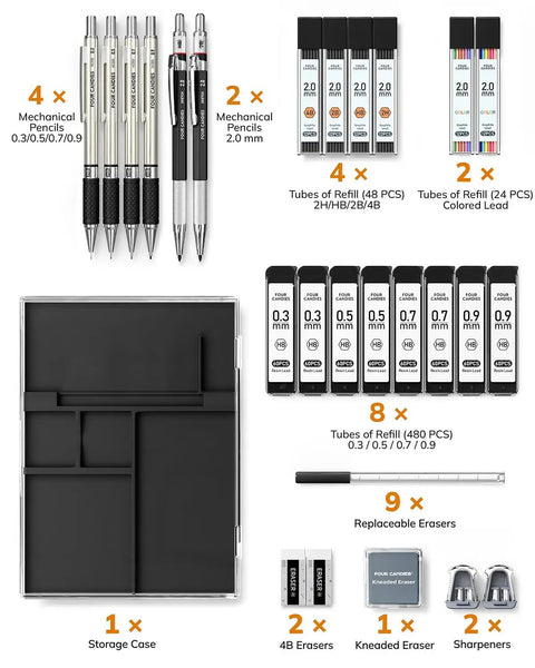 Image showing Metal Mechanical Pencil Set With Case, Six Pencils From 0.3mm To 2.0mm Plus 552 Lead Refills, Erasers And Sharpeners.