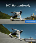 Split image of skateboarder using Osmo Action 4 Waterproof Action Camera Bundle With 4K 120fps, showing HorizonSteady on and off.